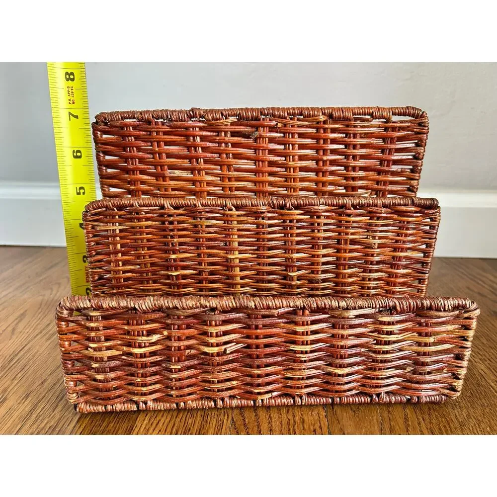 Vintage Woven Wicker Letter Rack | 3-Slot Rattan Mail & Magazine Organizer